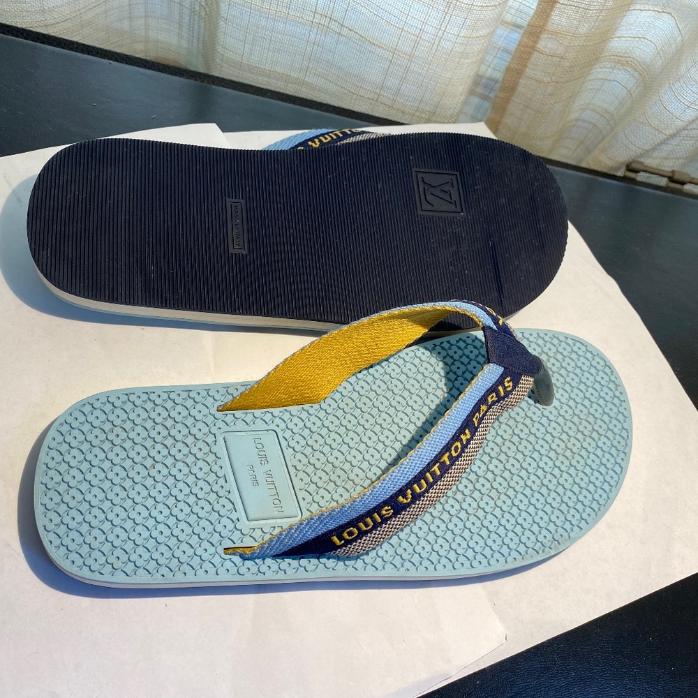 LOUIS VUITTON 'BAHIA' THONG RUBBER MONOGRAM blue FLIP FLOPS sandals Sz 7 SLIPPER - Picture 7 of 8